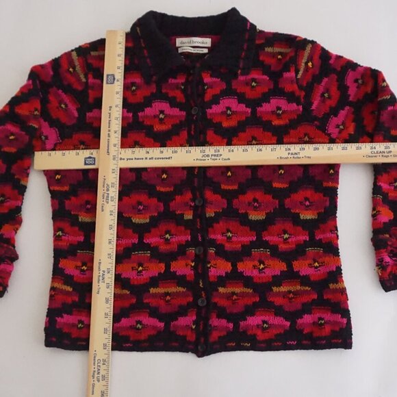 Vintage David Brooks Black Pink Hand Knit Floral Checkered Grandpa Cardigan M - Picture 3 of 9